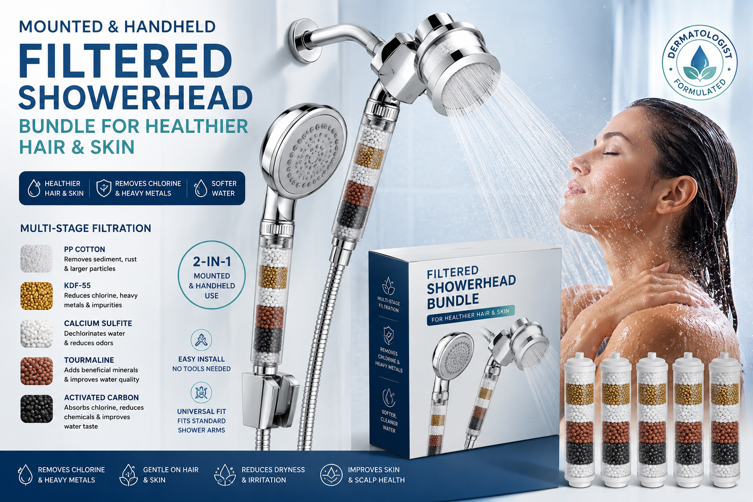 Mounted & Handheld Filtered Showerhead Bundle for Healthier Hair & Skin - Multi-Stage Filter Removes Chlorine & Heavy Metals, Dermatologist-Formulated Shower Head Filter for Hard Water